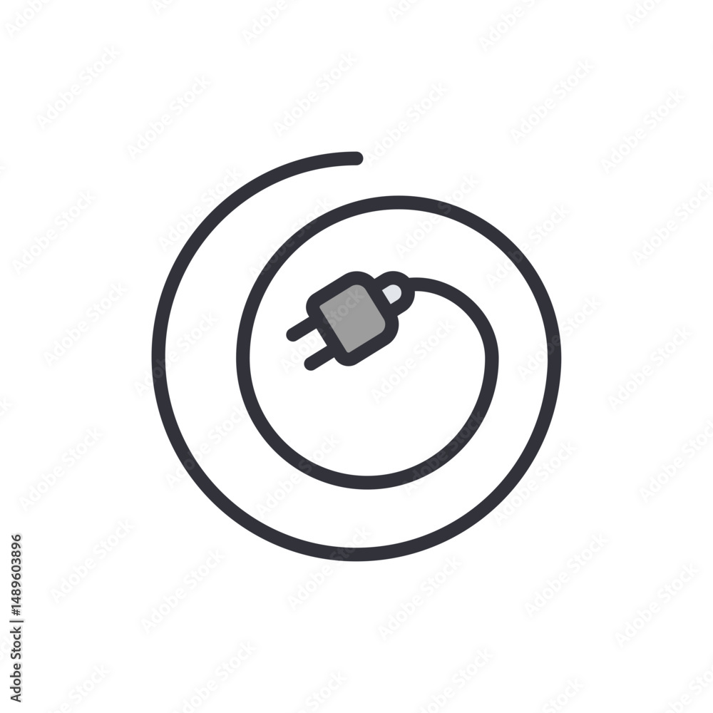 Poster stylized power plug with cord curled in circular design on transparent