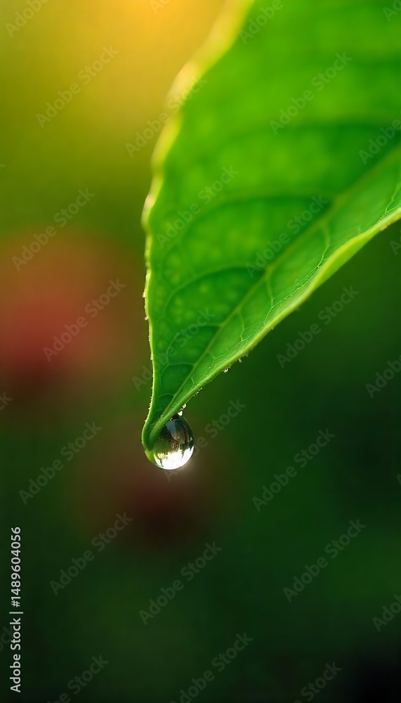 Poster generative ai a single raindrop clinging to the tip of a vibrant green leaf