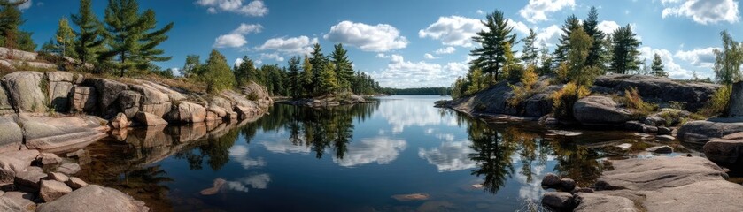 Scenic view of lake in pine forest with reservoir and sky concept. A tranquil lake reflecting trees and clouds in a serene landscape.