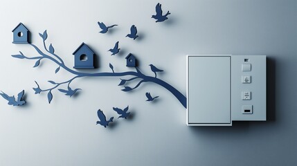 A soft pastel blue Formica-made branch, stretching across a light gray wall, surrounding a sleek white switchboard. 