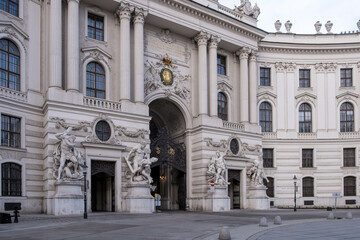 Vienna, Austria – Detail of St. Michael's Wing at Michaelerplatz, the grand Baroque facade of...