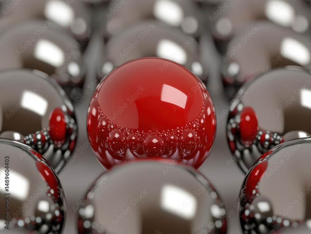 Poster red sphere centered among shiny metallic black spheres in pattern