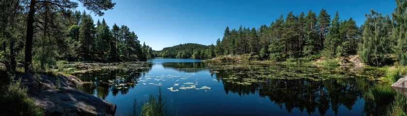 Obraz premium Scenic view of lake in pine forest around beautiful landscape concept. Serene lake surrounded by lush trees under clear blue sky.
