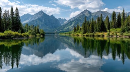 Fototapeta premium Scenic view of lake in pine forest with cloudy summer sky concept. Breathtaking mountain lake with evergreen trees and clear reflections.