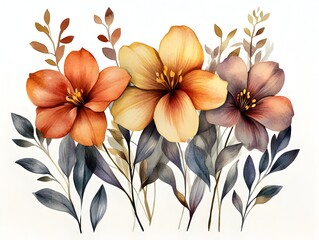 A trio of watercolor flowers in autumnal hues with detailed foliage and leaves on a white background.