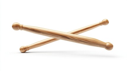 Two light-brown wooden drum sticks crossed,  resting on a white surface.  They have rounded ends and a smooth, natural wood grain