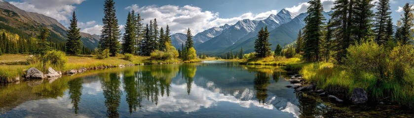 Scenic view of lake in pine forest with cloudy summer sky concept. A serene landscape featuring a calm lake surrounded by mountains.