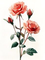 A trio of delicate peach roses with unopened buds artistically arranged on a single stem against a pristine white background.