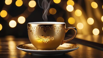Obraz premium Aromatic Steam Rising from an Ornate Golden Teacup on a Saucer