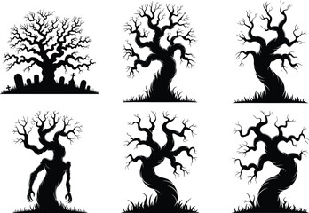 Spooky Halloween Tree Silhouette clipart SVG Bundle &ndash; Perfect for Halloween Night Scenes. Creepy Tree, Twisted Halloween Tree, Dead Tree, Haunted Tree, Halloween Forest, Gothic Tree, Dark Forest Tree.