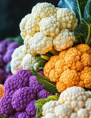 Close-up of colorful cauliflower heads in white, orange, and purple with green leaves, showcasing fresh vegetables with vibrant textures