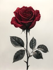 A single dark red rose with grey-green leaves stands tall on a stark white background in a detailed botanical illustration.