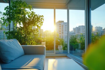Fototapeta premium Sunset living room view urban apartment photography bright environment interior perspective