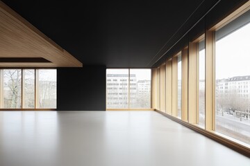 Obraz premium Modern, open-plan office space with expansive windows showcasing city views. Wooden accents and a clean, minimalist design create a bright and airy ambiance