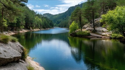 Fototapeta premium Scenic view of lake in pine forest around beautiful landscape concept. A serene river surrounded by lush trees and distant mountains.