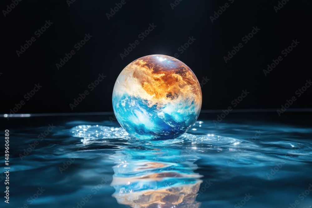 Poster dynamic water sphere with earth elements studio setting 3d render calm environment close-up view con