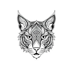 Fototapeta premium Detailed monochrome line art presents a captivating feline face in intricate, stylized patterns.