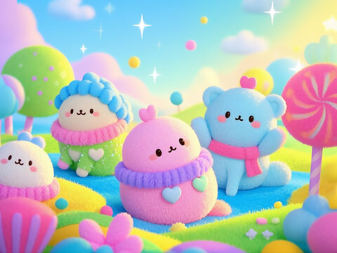 Kawaii Marshmallow Plush Characters in Pastel Colors, Whimsical Fantasy Candyland Landscape, Detailed Digital Art with Vibrant Colors, Soft Lighting, and Magical, Playful Atmosphere