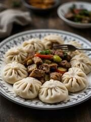 The meat dish is surrounded by dumplings.