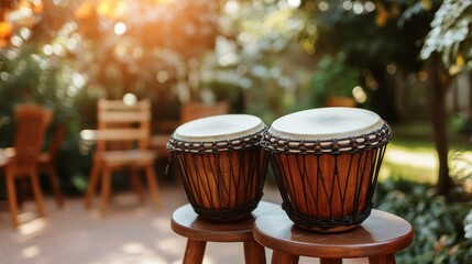 Wooden drums in a garden setting