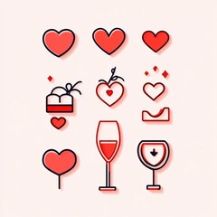 Set of nine red and black outlined icons with hearts, cherries on cake, hearts with sparkles, and glasses of red wine on a light background