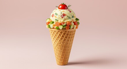 Olivier salad served in waffle cone with tomato on top
