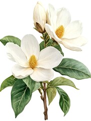 Obraz premium Two delicate white magnolia blossoms with lush green leaves, a botanical illustration showcasing sptime elegance and natural beauty.