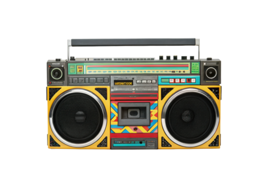 PNG Vintage colorful boombox with cassette player and stereo speakers