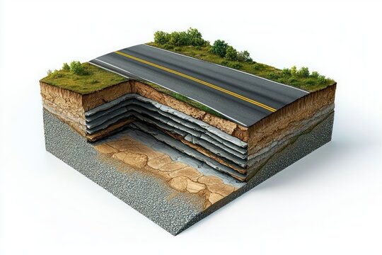 Cross-section of a paved road with multiple underground geological layers and grass with bushes on top showcasing soil, rock strata, and road construction