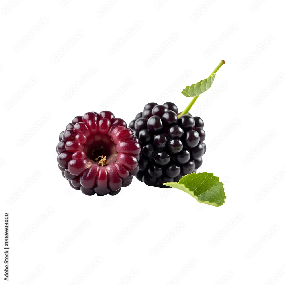 Poster vibrant mulberry duo a close-up display of half a mulberry and a whole one with leaves against a sle