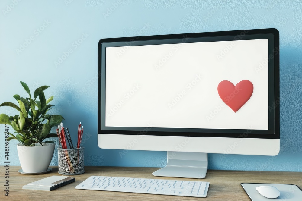 Poster modern workspace desktop computer with a heart symbol