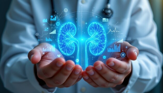 Doctor Holding Digital Kidney Visualization with Health Data Charts