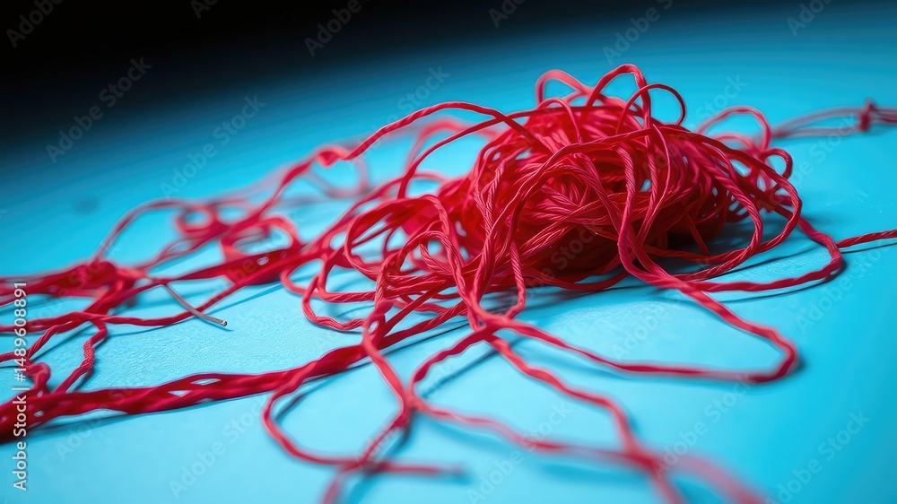 Aufkleber tangled red string on a blue background a close-up study of texture and chaos