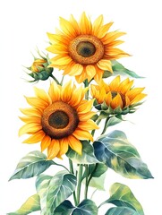 Naklejka premium A vibrant watercolor painting showcases three blooming sunflowers with buds and lush green leaves against a clean white background.