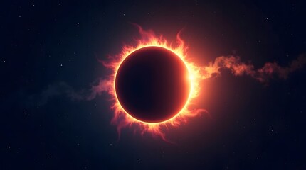 Stunning solar eclipse illustration with fiery corona against a starry sky. Celestial event, astronomy concept. Best for science, education, and cosmic themes.