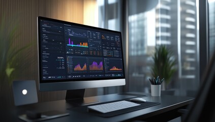 Modern workspace with computer displaying financial data
