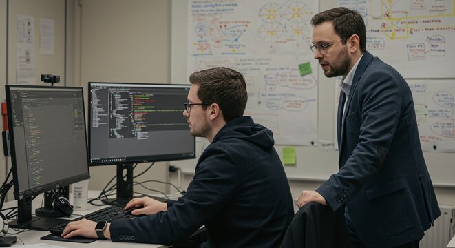 Two Colleagues Collaborating on Software Development Project