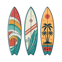 Three colorful surfboards are standing upright on the sand, ready for a day of surfing, with a transparent background