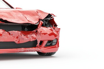 Red Car with Significant Damage from Collision on White Background