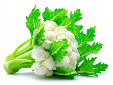 Fresh organic cauliflower head with green leaves isolated on white background, natural healthy vegetable for cooking