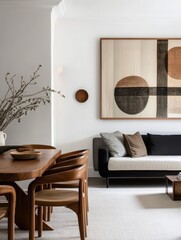 A modern elegant dining room shows art and furniture