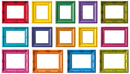 Colorful empty picture frames arranged in grid pattern, featuring various bright colors such as yellow, green, purple, and blue, each with ornate detailing