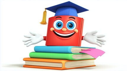 A vibrant and playful cartoon book character with a bright red cover, large expressive blue eyes, and a wide friendly smile, sitting atop a stack of three colorful books in green, orange, and blue.