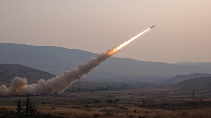 Obraz premium Rocket Launch Over Mountain Landscape at Sunset in Distant Horizon