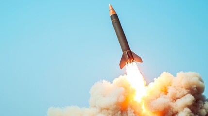 Rocket Launch with Flame and Smoke Against Clear Blue Sky