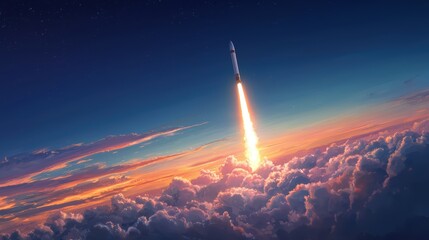 Rocket Launching Into Sky with Colorful Sunset and Clouds