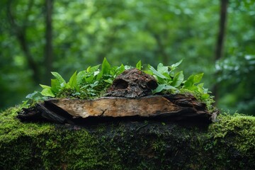 Obraz premium Nature scene with green foliage on log in forest close-up photography tranquil atmosphere