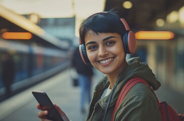 Portrait of an Indian tourist with short hair and a bright smile, wearing headphones and using a smartphone at a modern train station