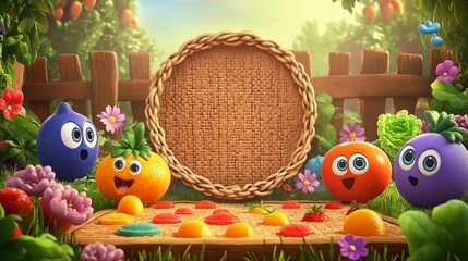 A vibrant learning game designed for young children, displaying a puzzle board with a large, woven basket silhouette at the center. 