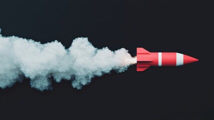 Red Rocket Launching with Smoke Trail Against Dark Background